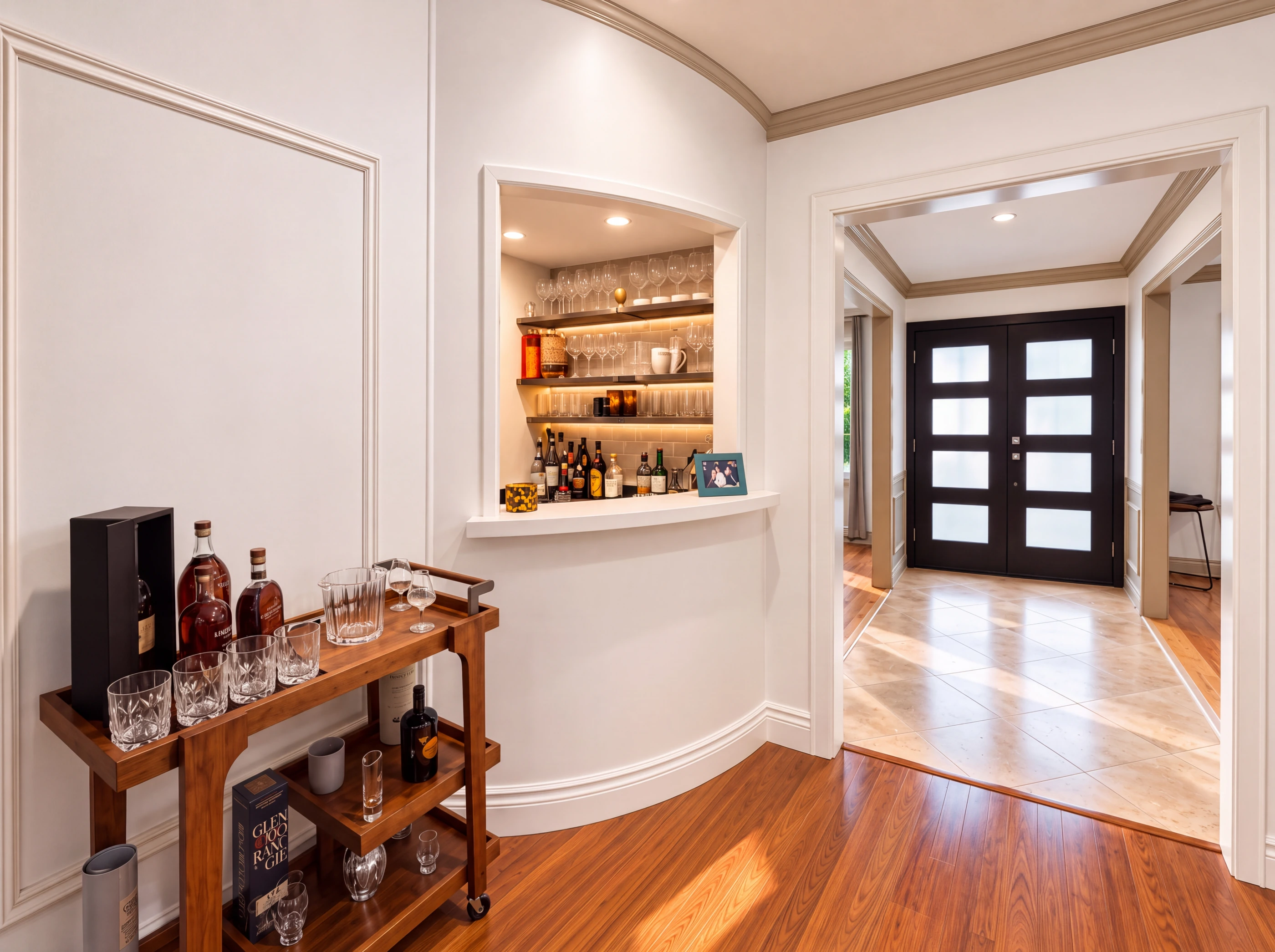 Entry at 705 Rochelle — lit display niche and black glass double doors