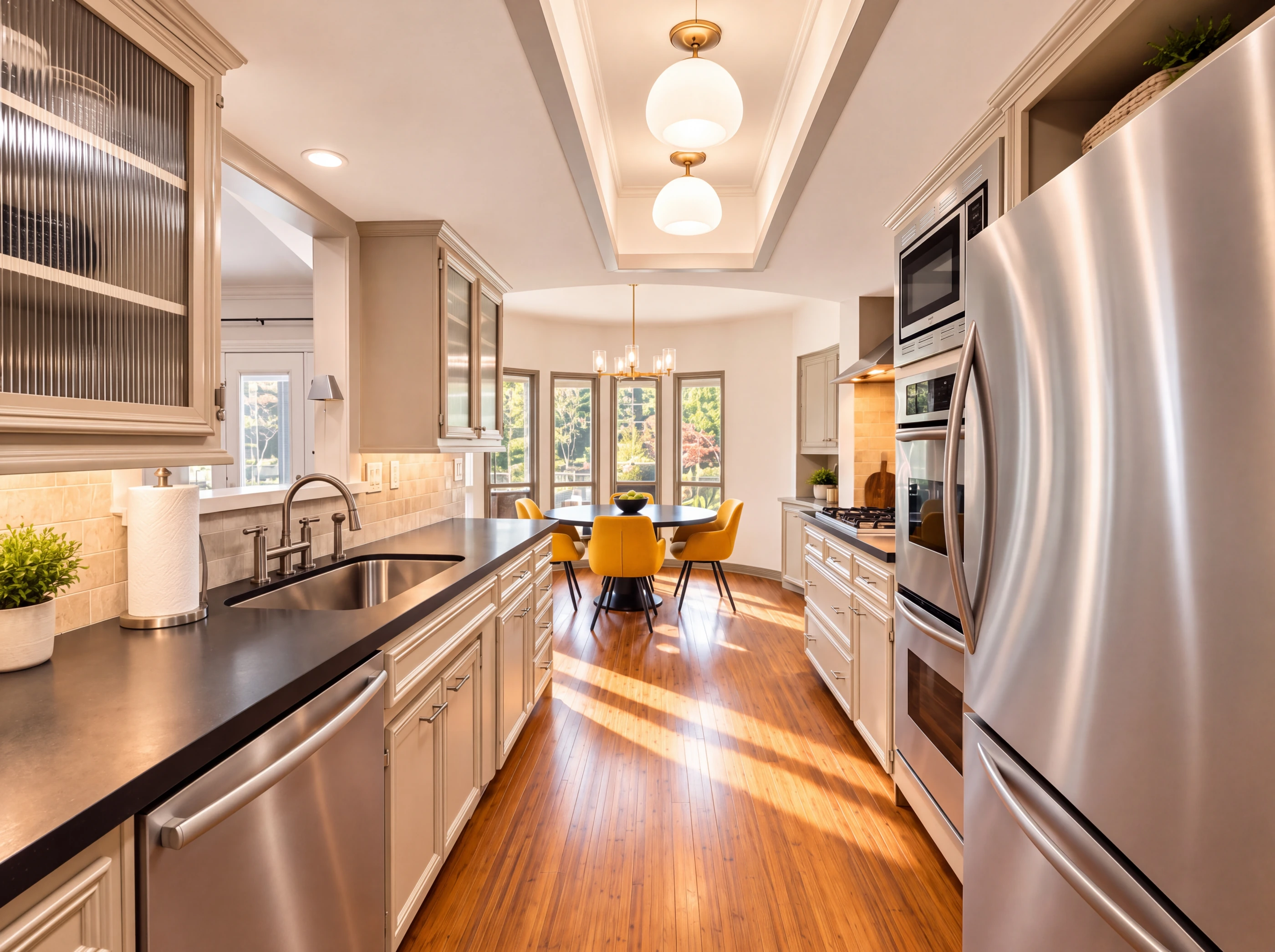 Galley kitchen with honed granite and stainless appliances