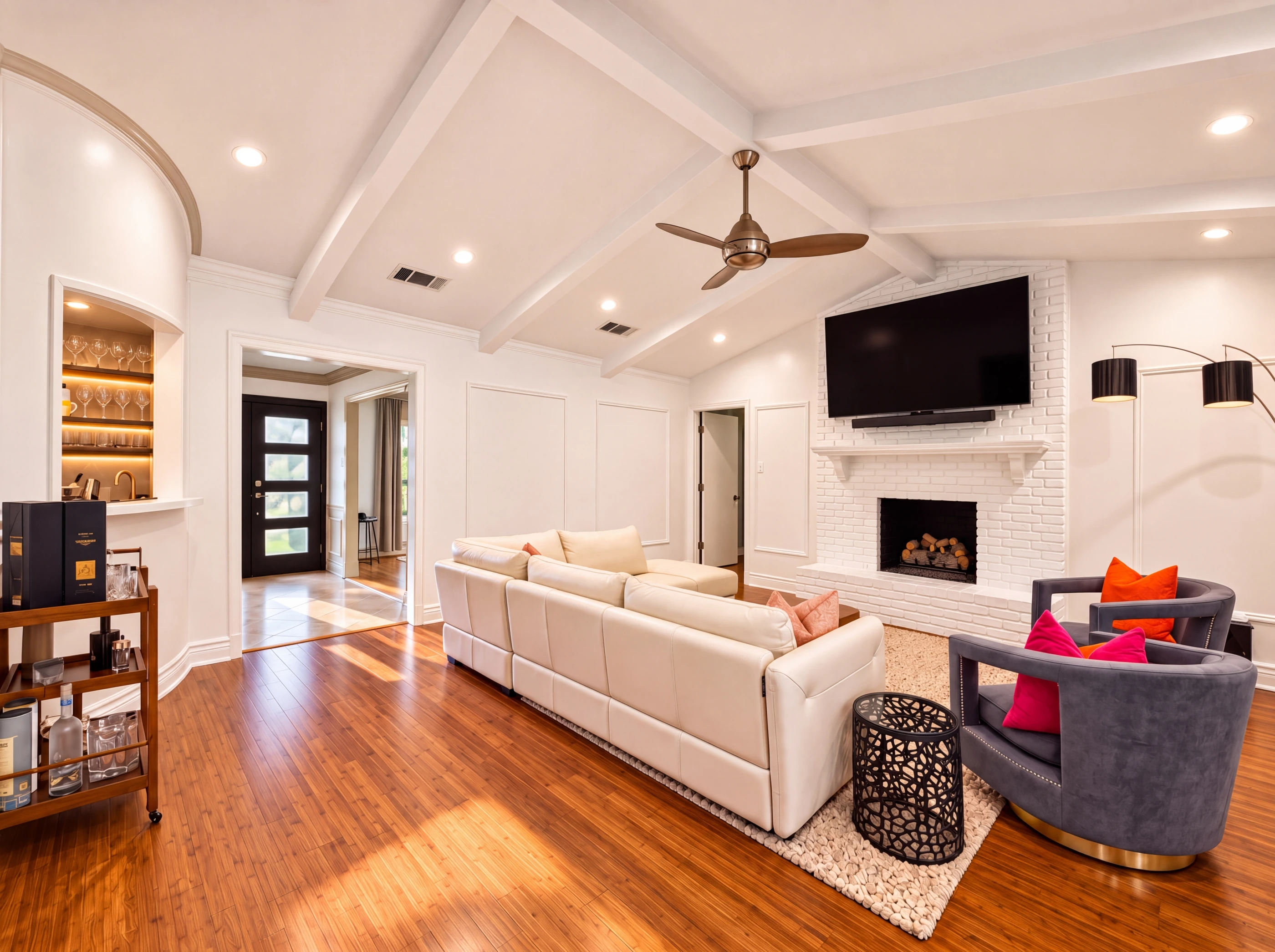 Family room with built-in shelving