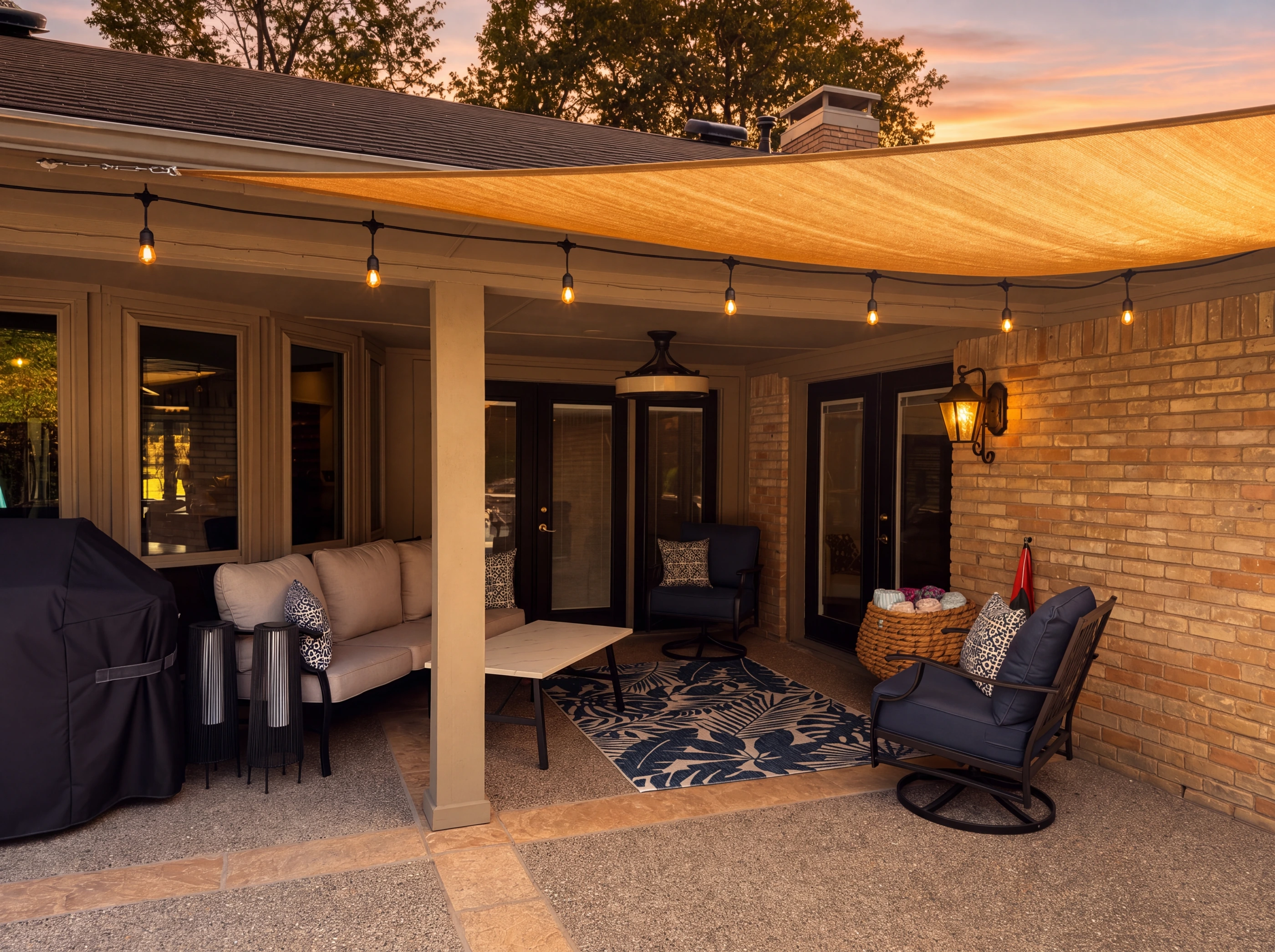 Covered patio with café lights