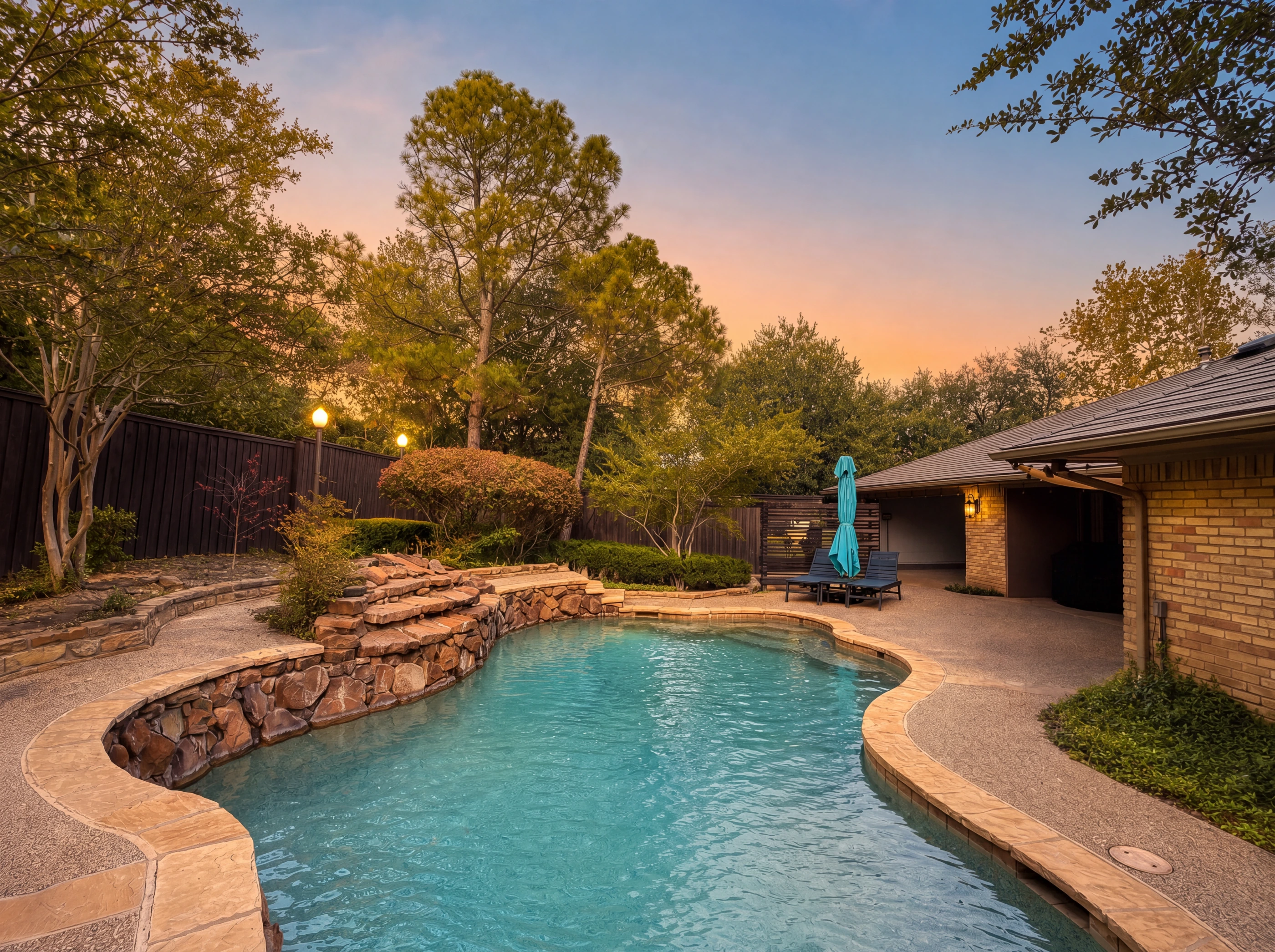 Gunite pool with rock waterfall at dusk